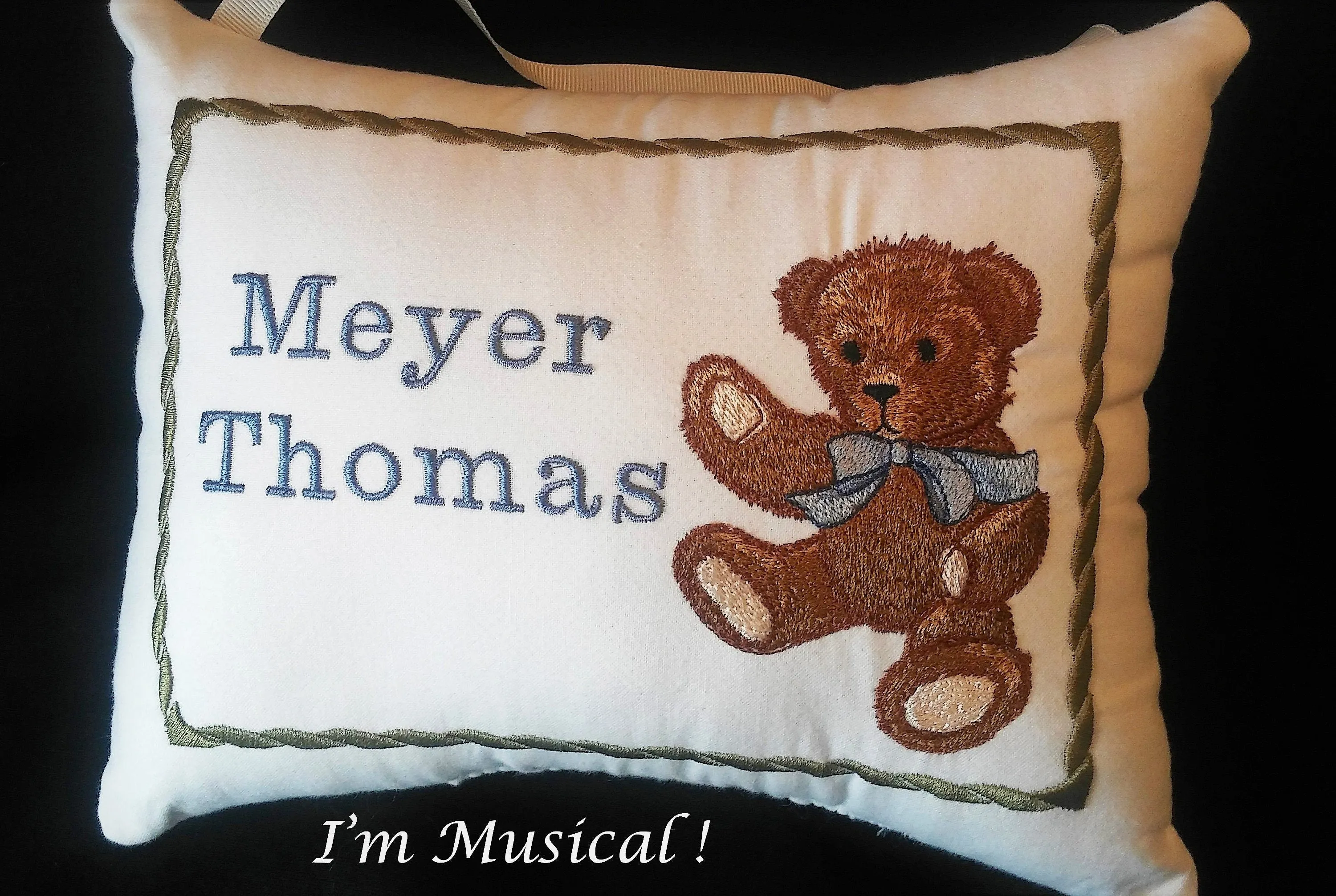 Classic Teddy Bear with Bow Music Box Pillow -- Personalized Embroidered MUSICAL Keepsake