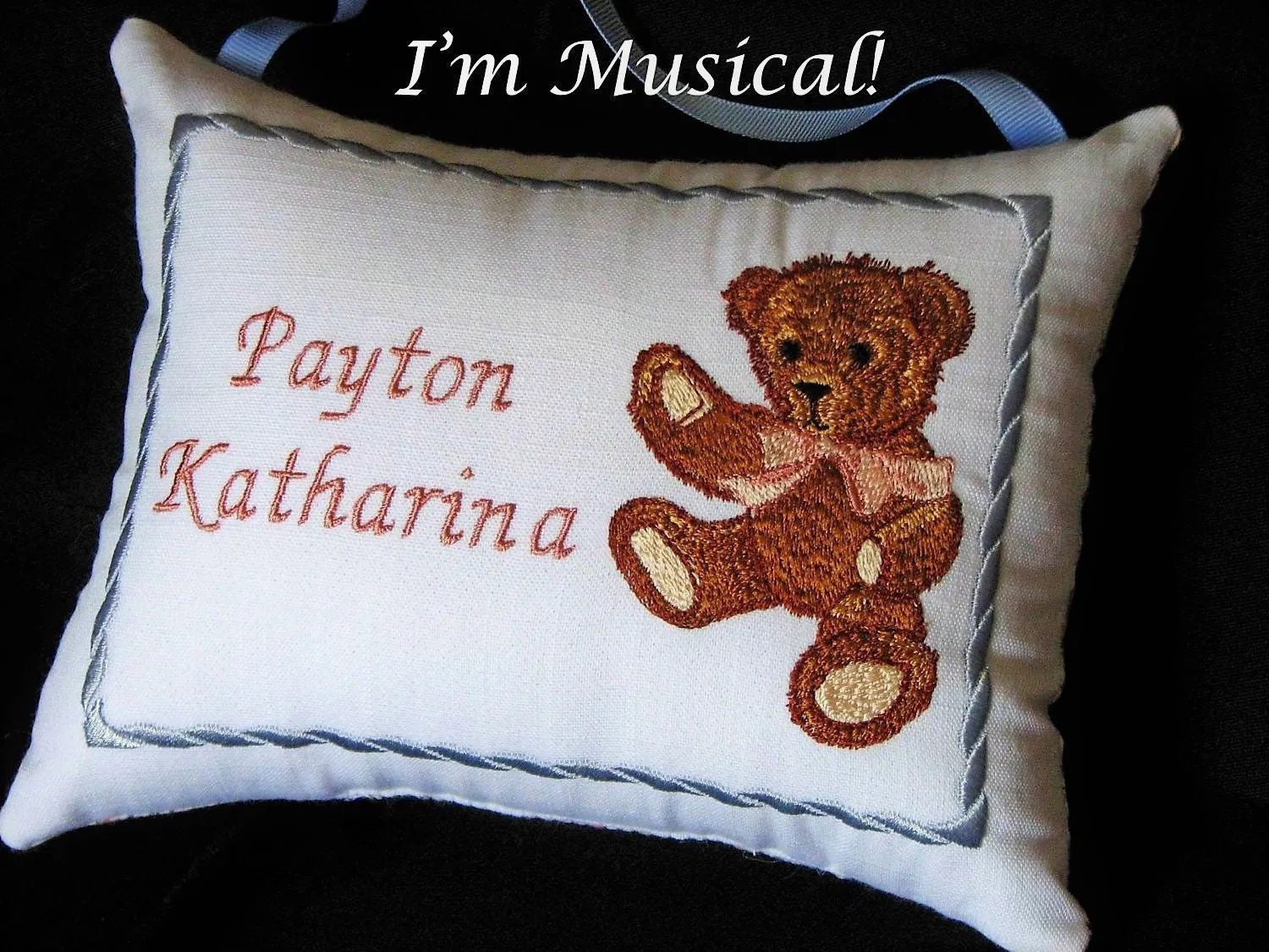 Classic Teddy Bear with Bow Music Box Pillow -- Personalized Embroidered MUSICAL Keepsake