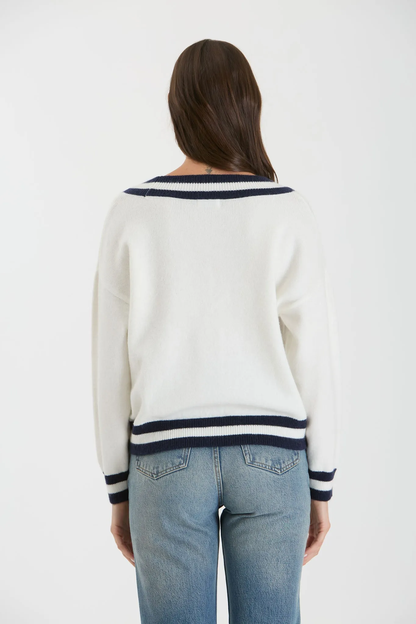 CONTRAST LINE V NECK LONG SLEEVE KNIT SWEATER