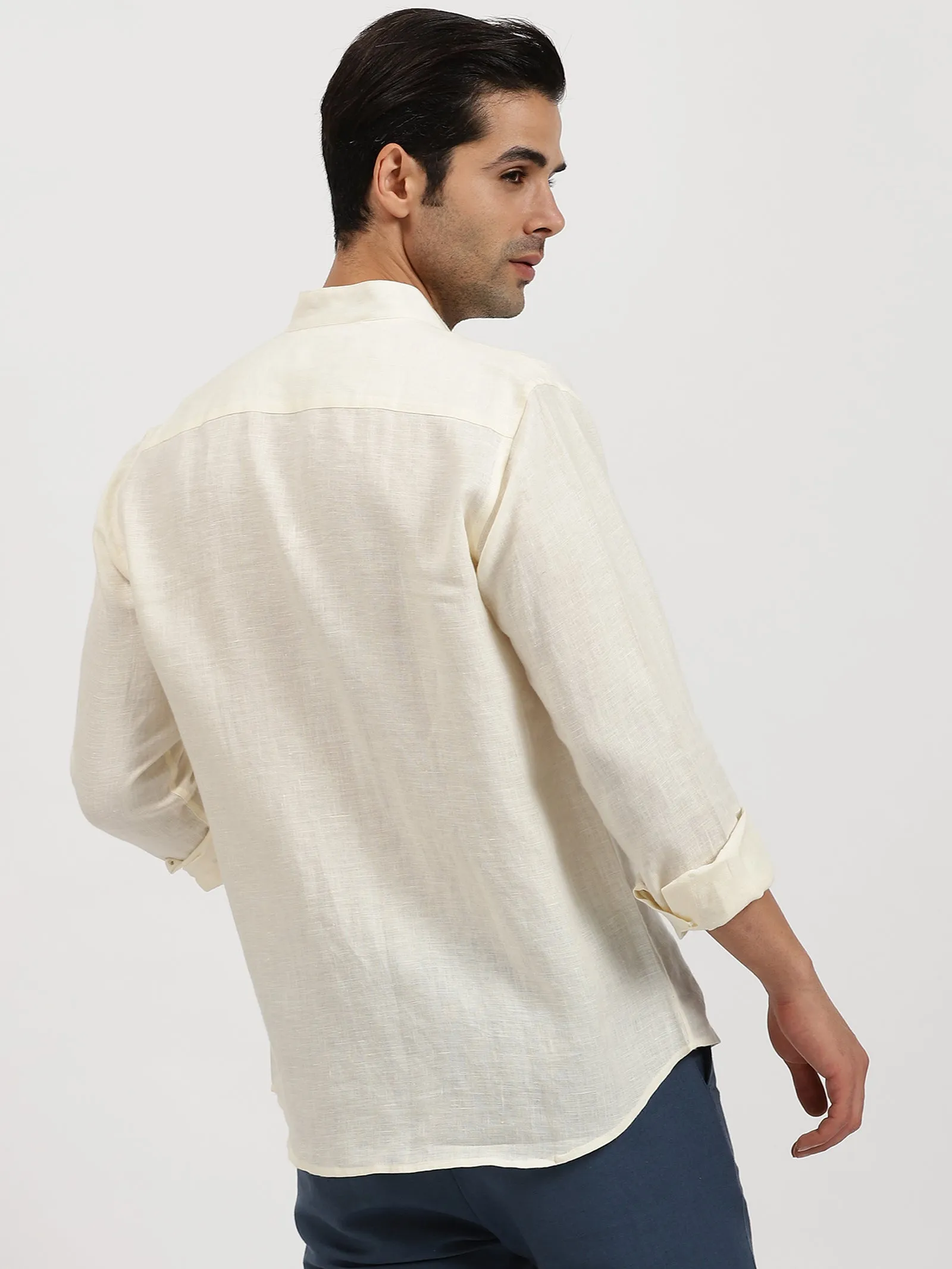 Craig - Pure Linen V Neck Full Sleeve Shirt - Ivory (Factory Rescue)