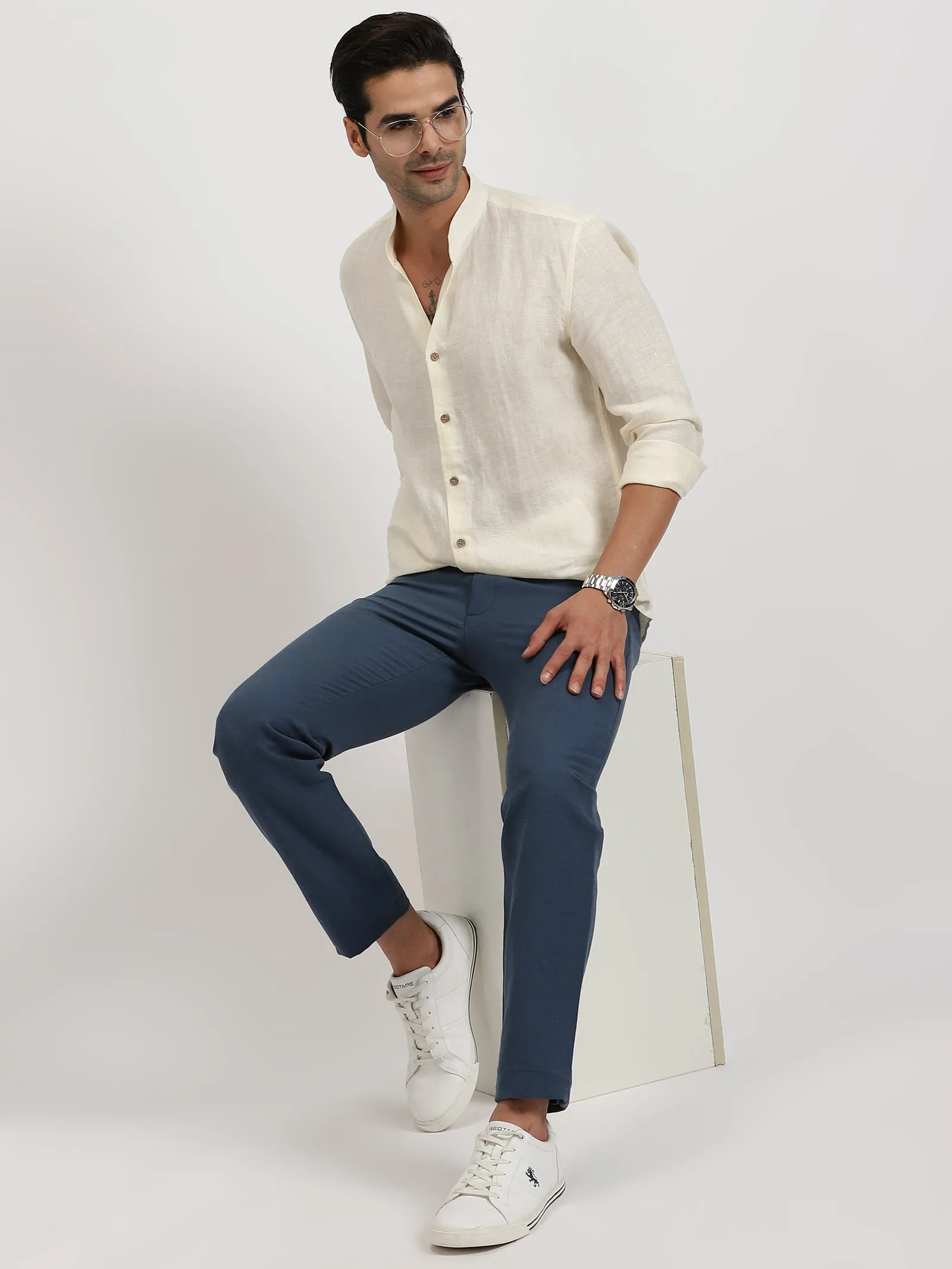 Craig - Pure Linen V Neck Full Sleeve Shirt - Ivory (Factory Rescue)