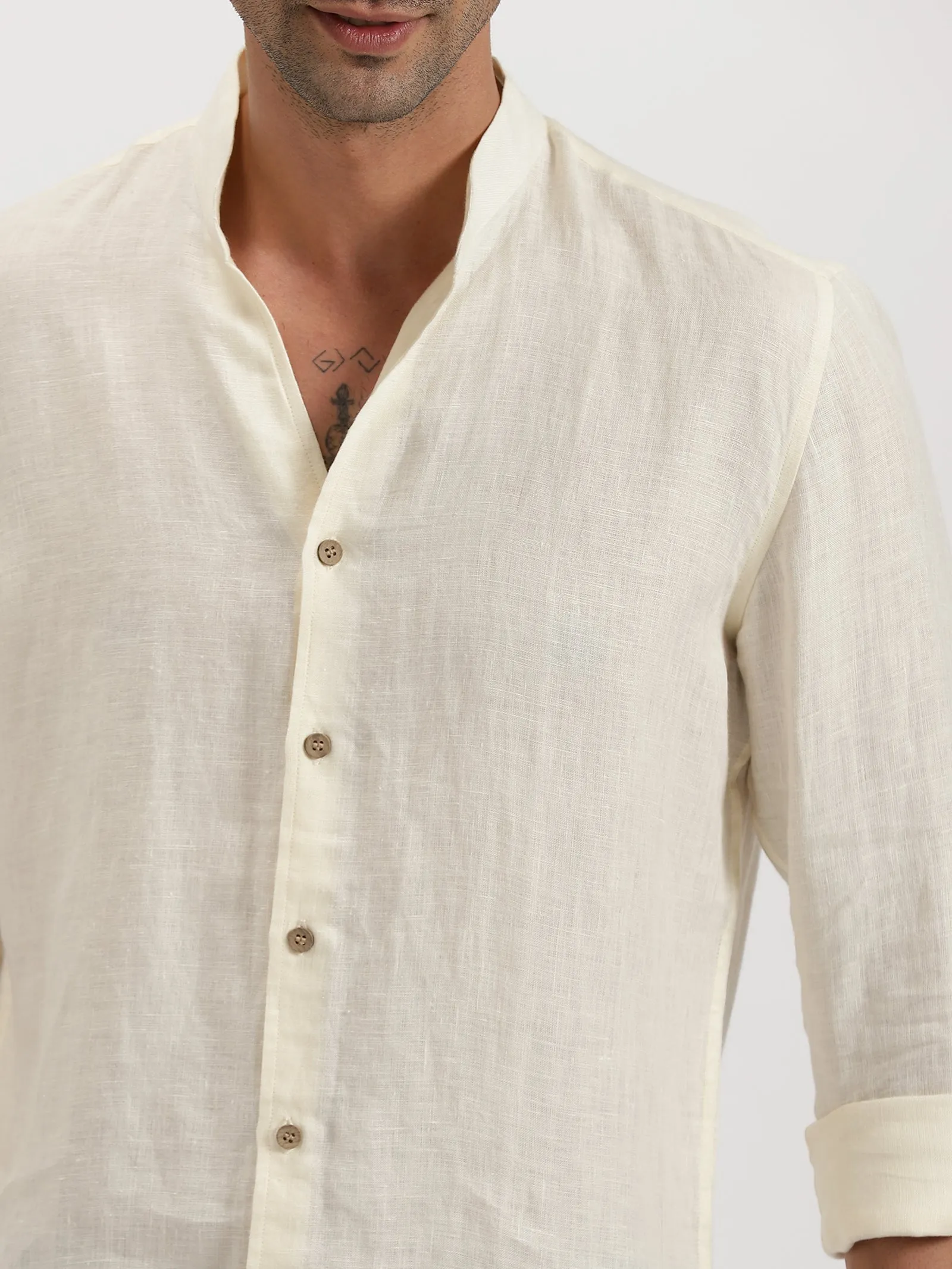 Craig - Pure Linen V Neck Full Sleeve Shirt - Ivory (Factory Rescue)