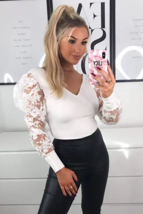 Cream Embroidered Puff Sleeve Bodysuit