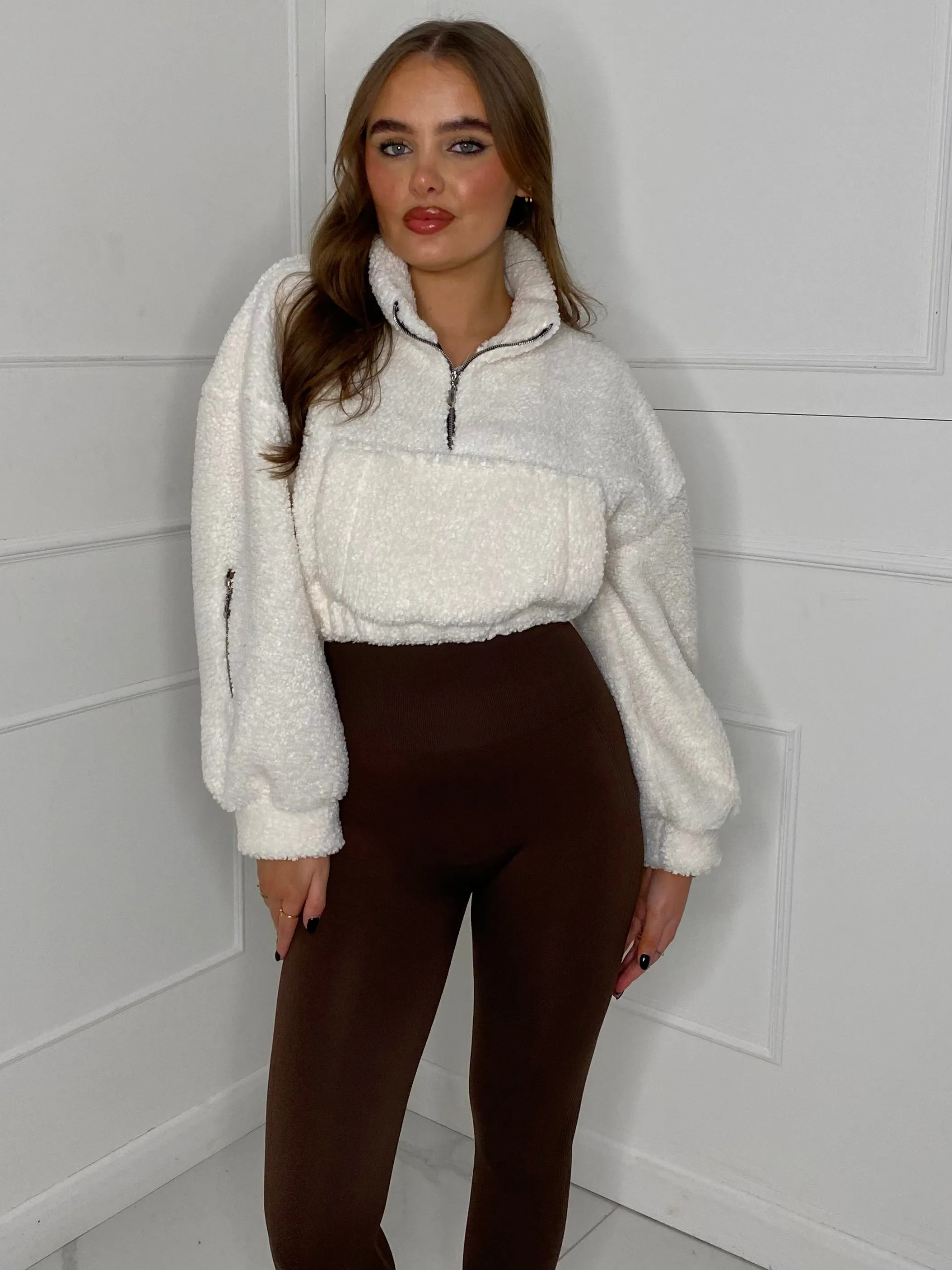 Cropped Zip Front Teddy Fur Top - White