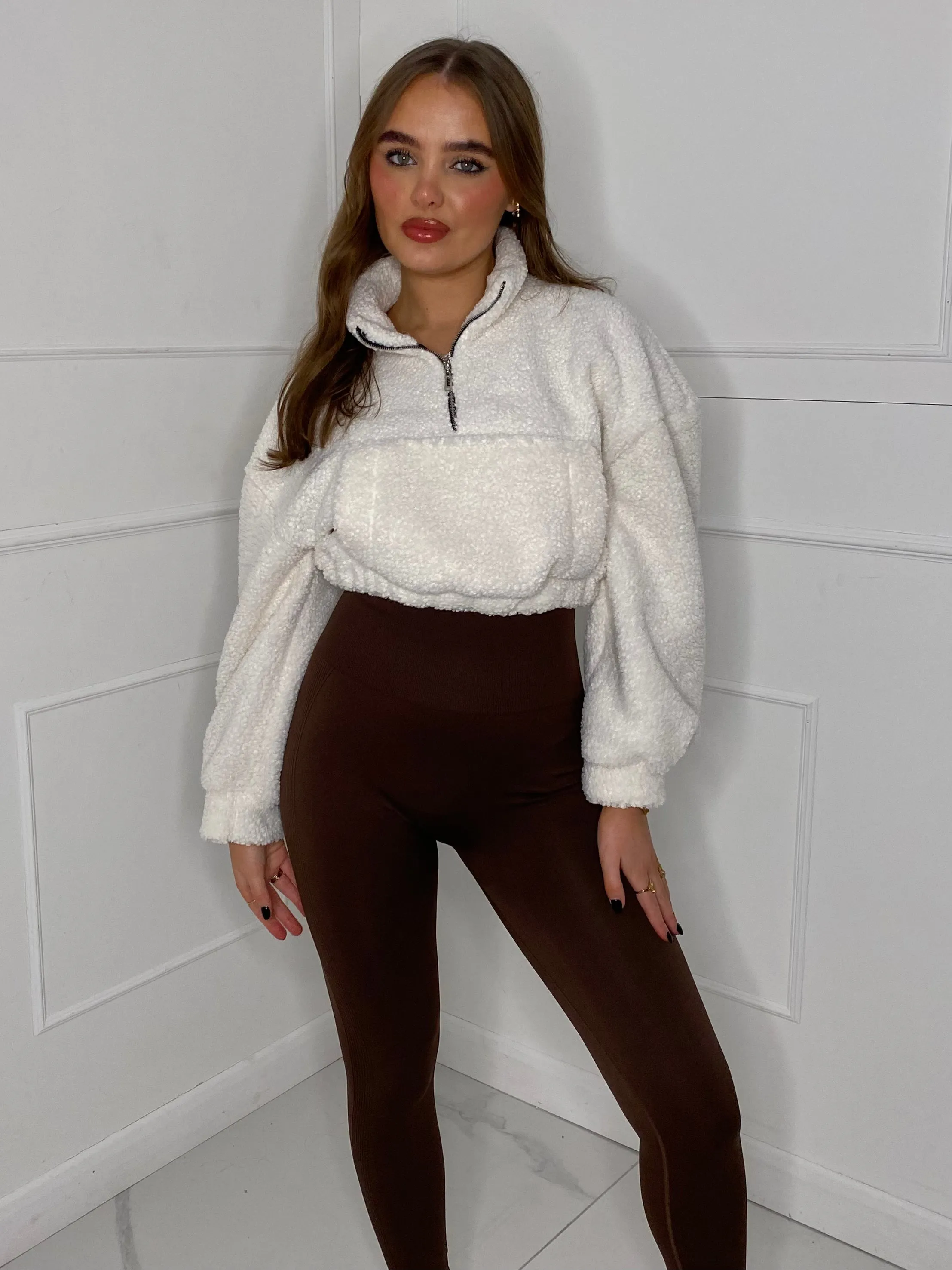 Cropped Zip Front Teddy Fur Top - White