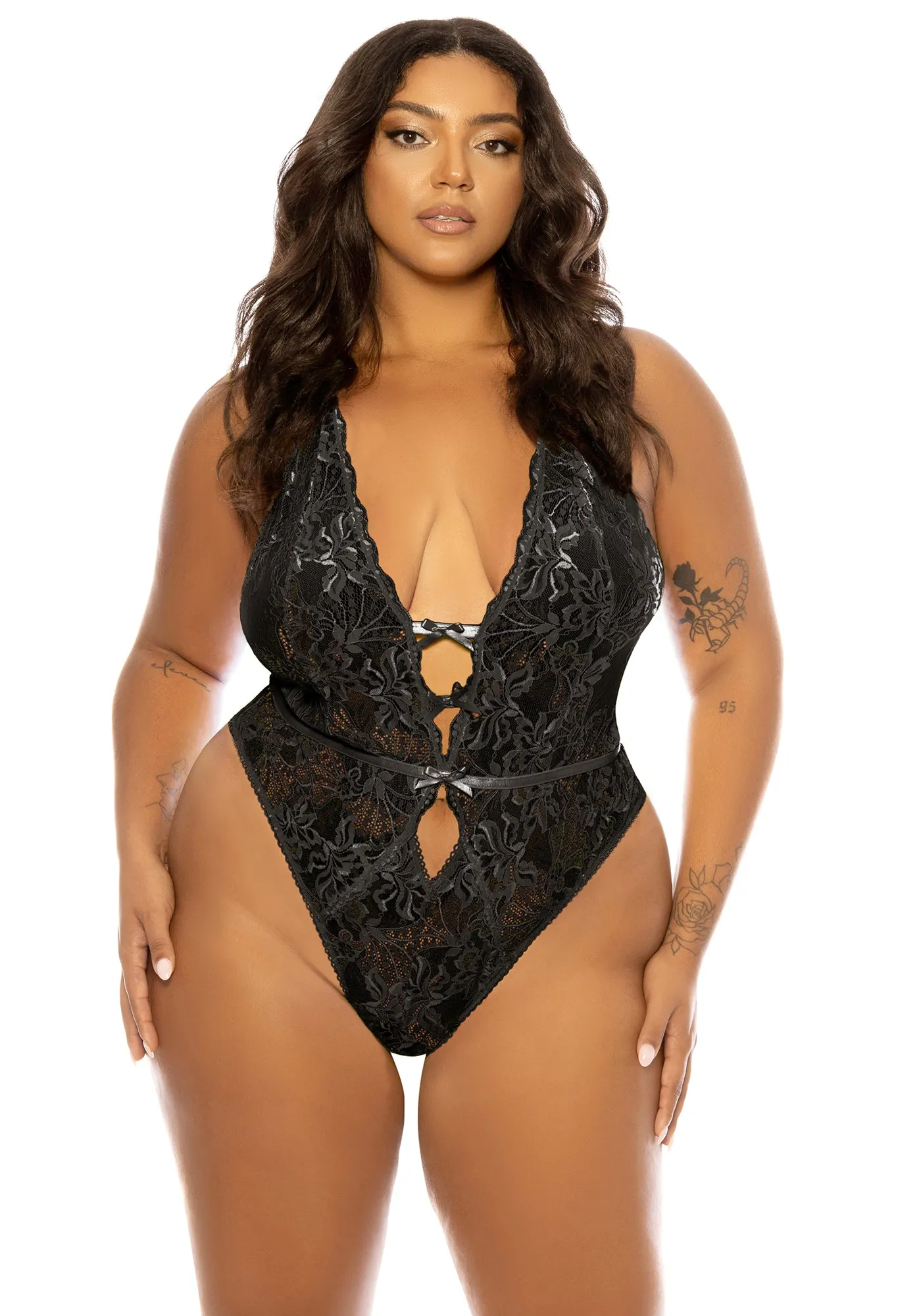 Curvy Lauren Lace Teddy - BLACK