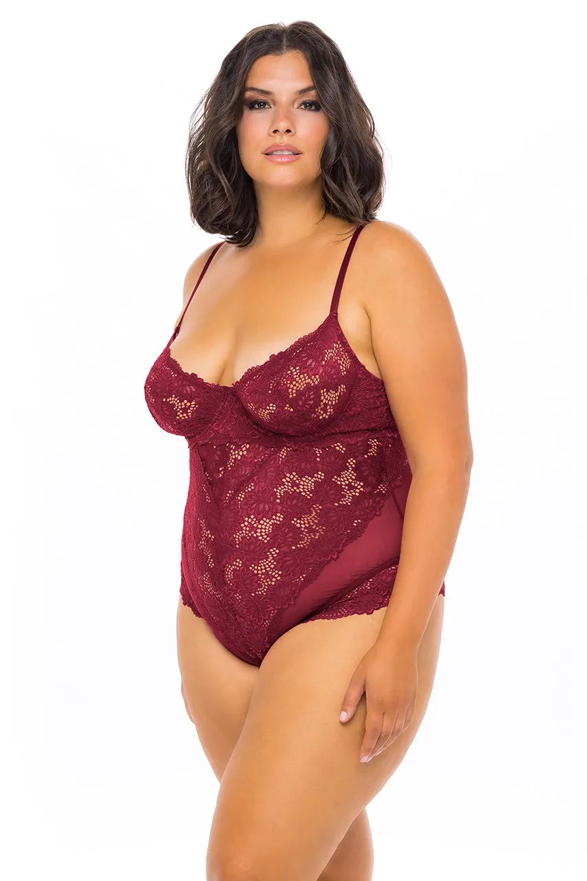 Curvy Page Lacy Teddy - RHUBARB