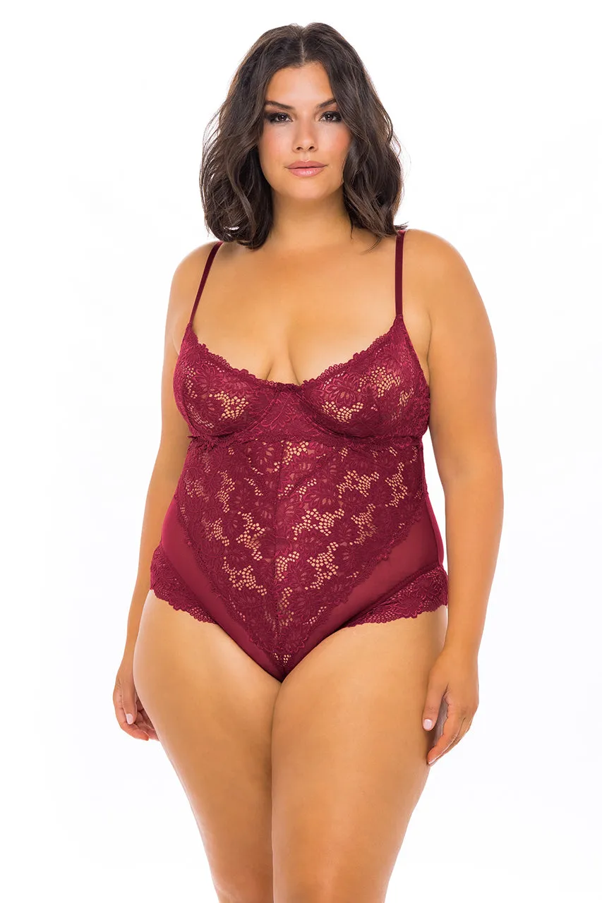 Curvy Page Lacy Teddy - RHUBARB