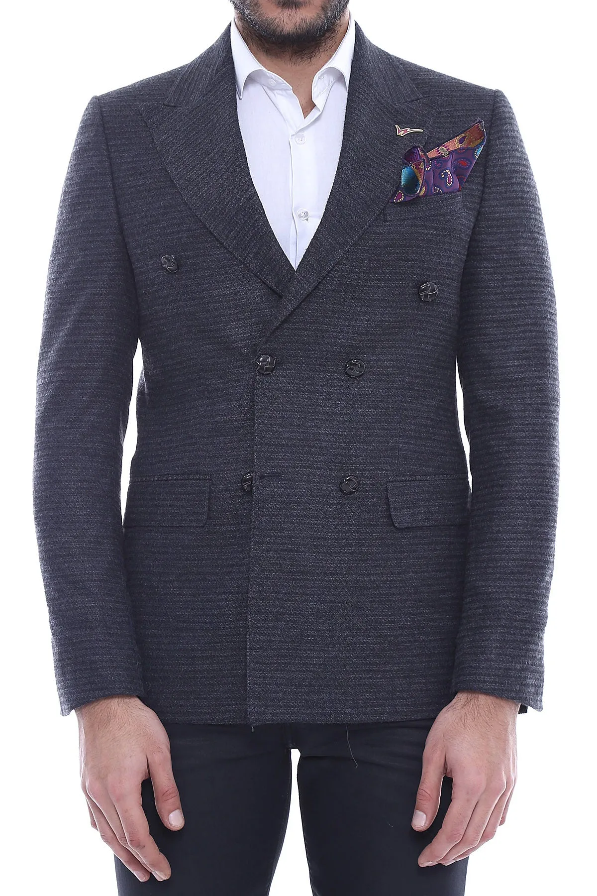 Double Breasted Slim Fit Navy Blue Blazer - Wessi