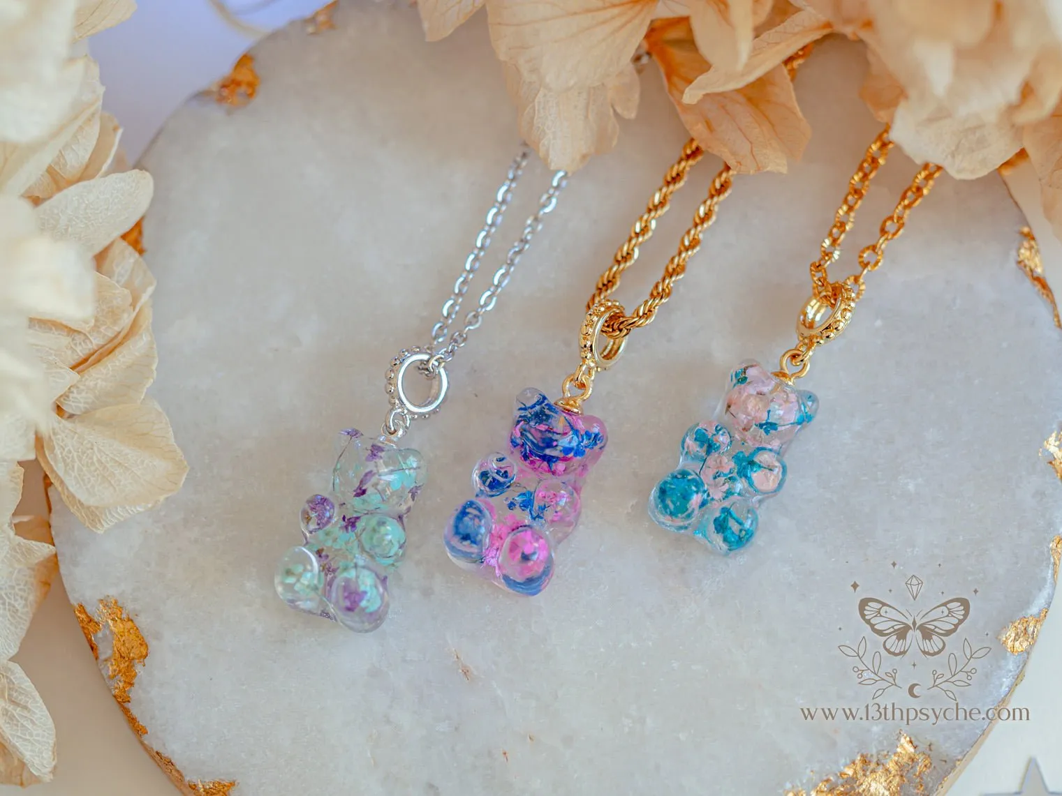 Dried flowers candy bear charm, Gummy bear Necklace