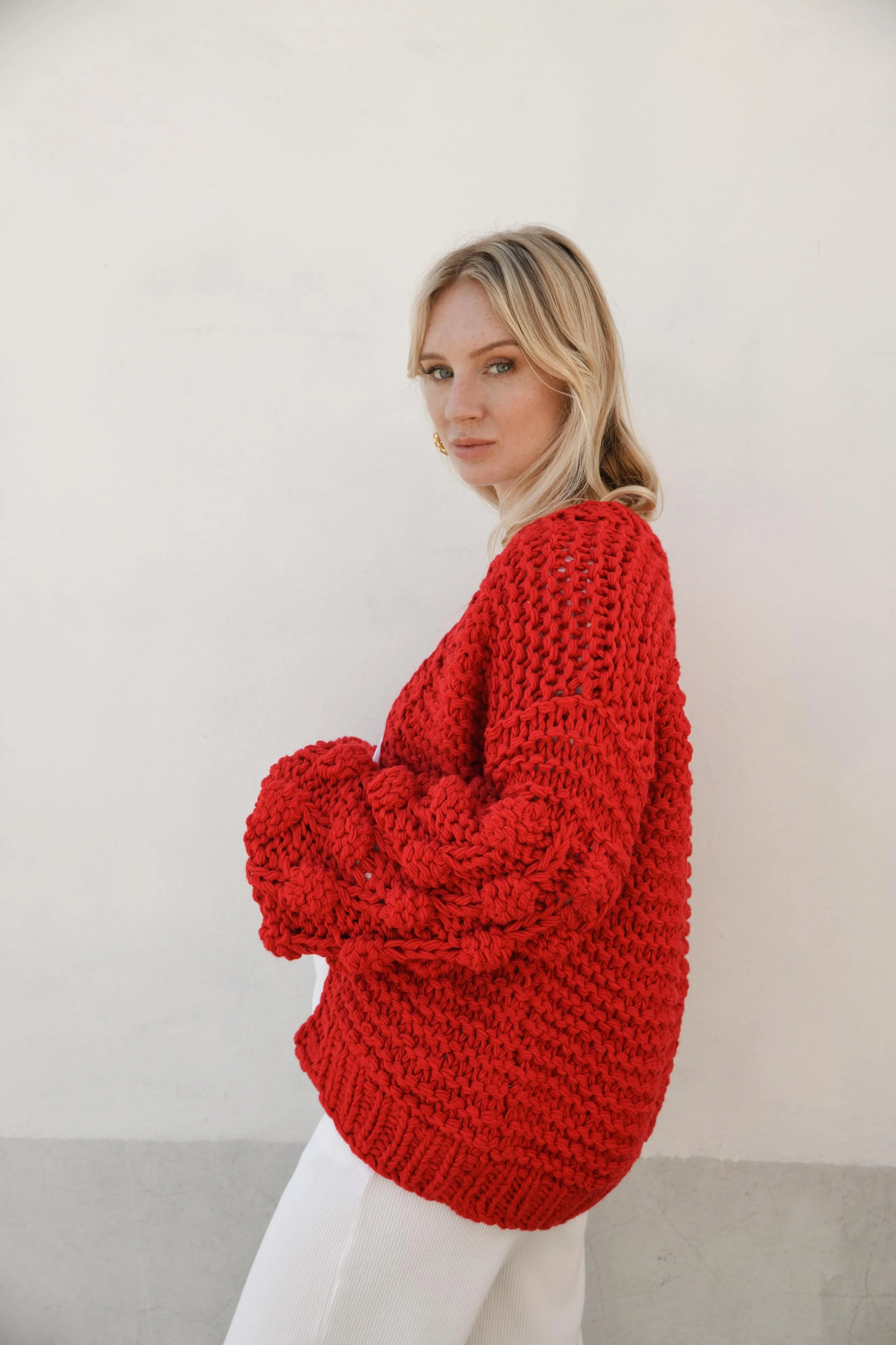 ELEANOR BUBBLE KNIT CARDIGAN- RED