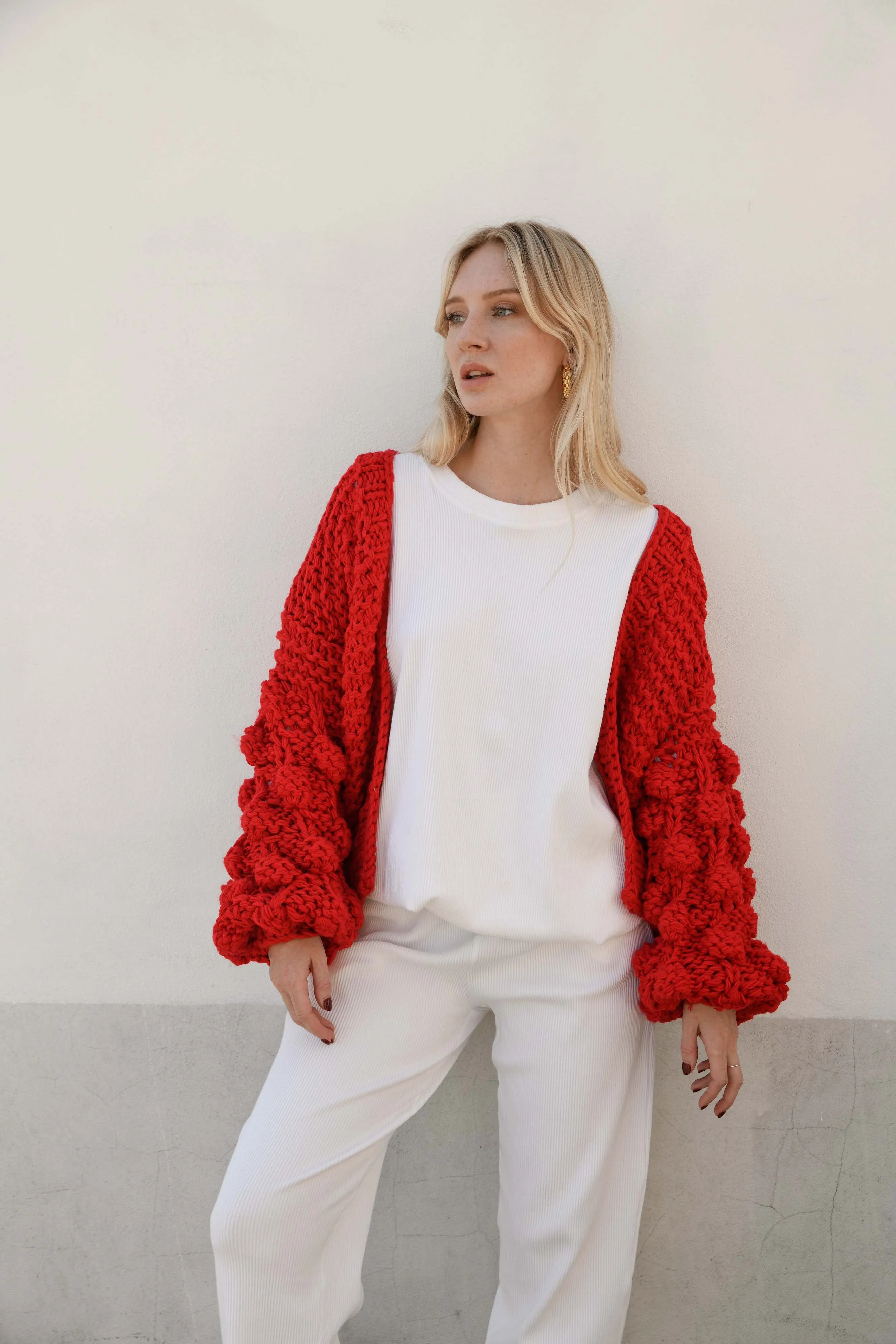 ELEANOR BUBBLE KNIT CARDIGAN- RED