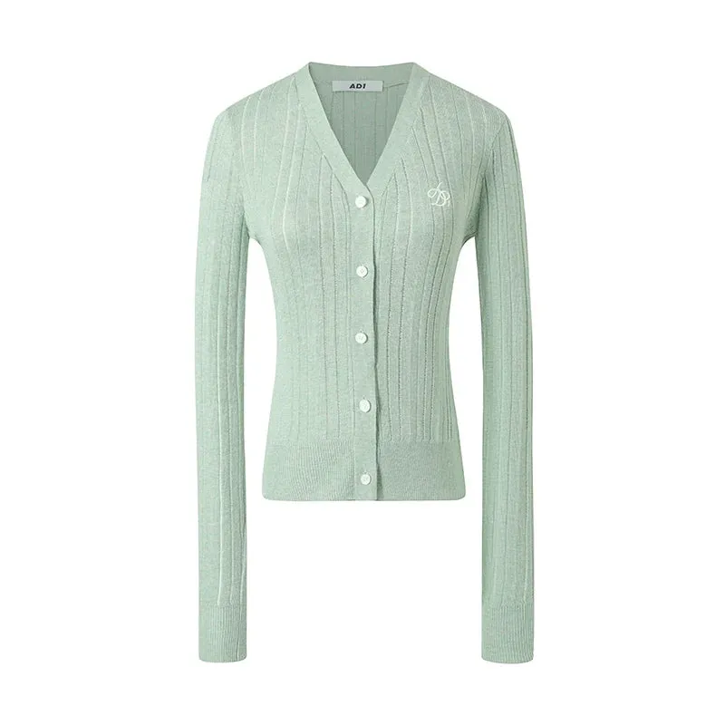 Elegant Ribbed Cardigan: Classic V-Neck with Signature Embroidery