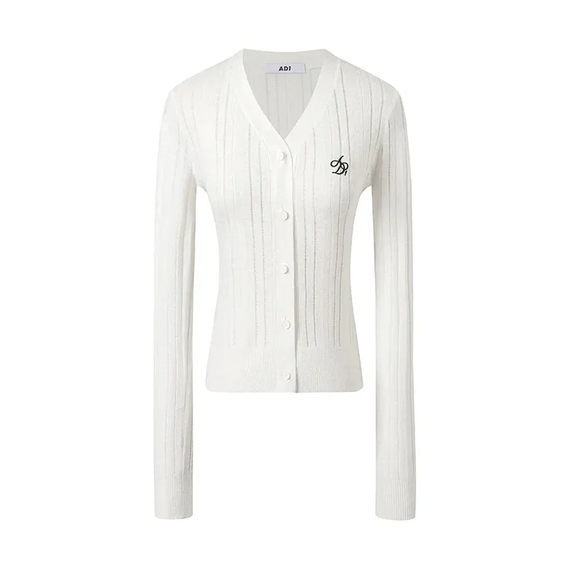 Elegant Ribbed Cardigan: Classic V-Neck with Signature Embroidery