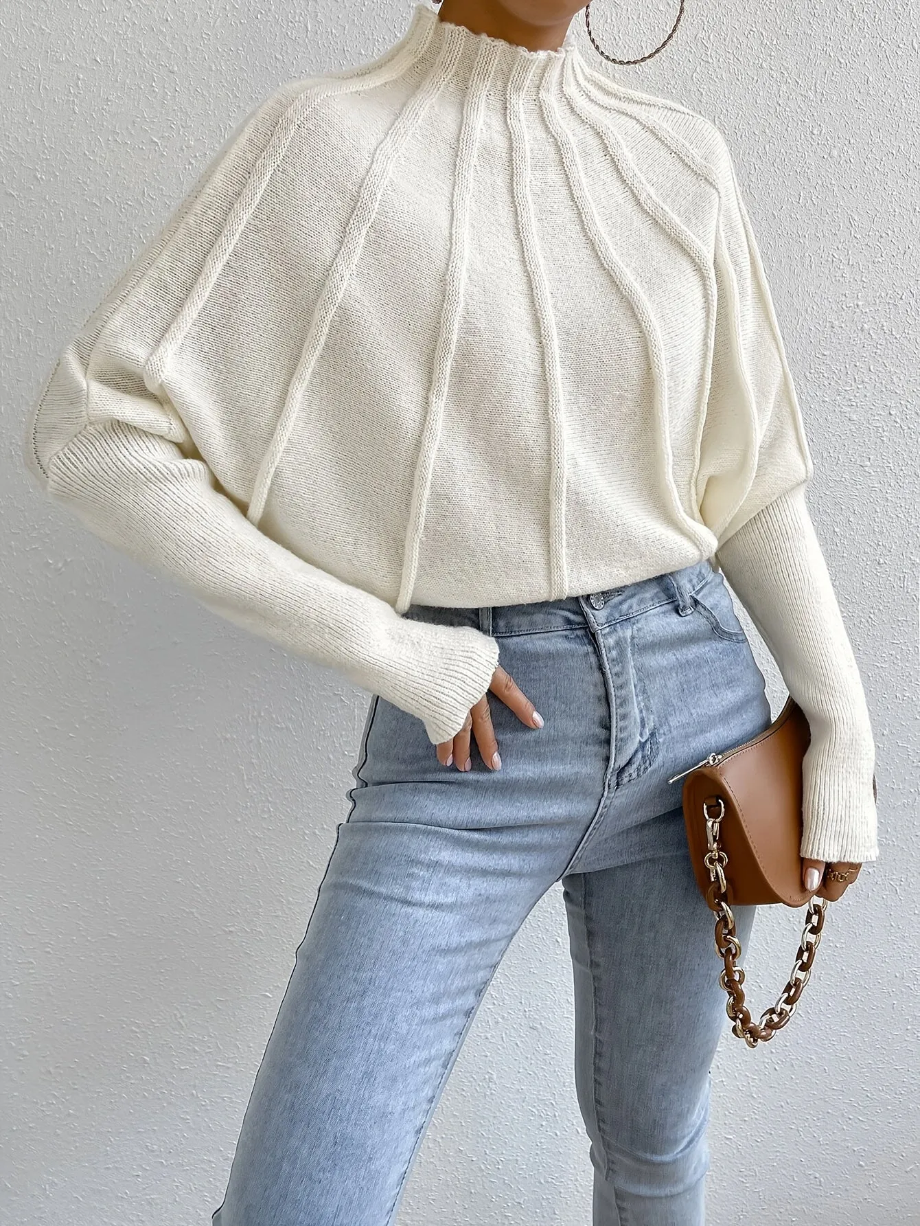 Elegant Women's Knit Sweater - Chic Mock Neck, Solid Color, Machine Washable - Off White