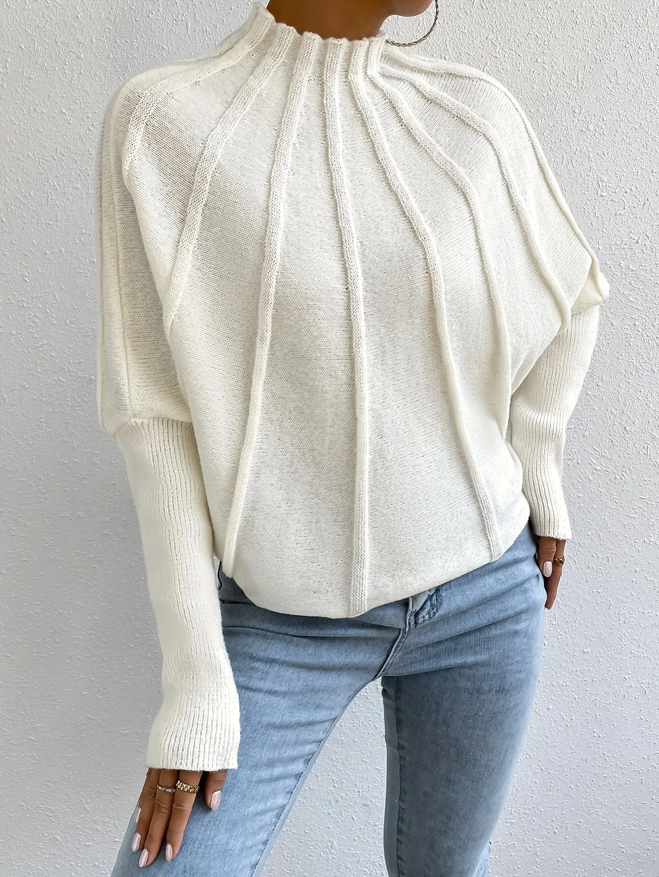 Elegant Women's Knit Sweater - Chic Mock Neck, Solid Color, Machine Washable - Off White