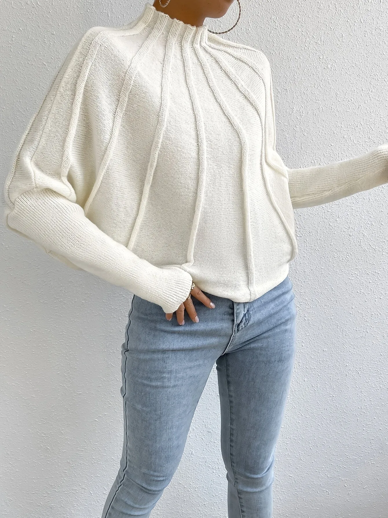 Elegant Women's Knit Sweater - Chic Mock Neck, Solid Color, Machine Washable - Off White