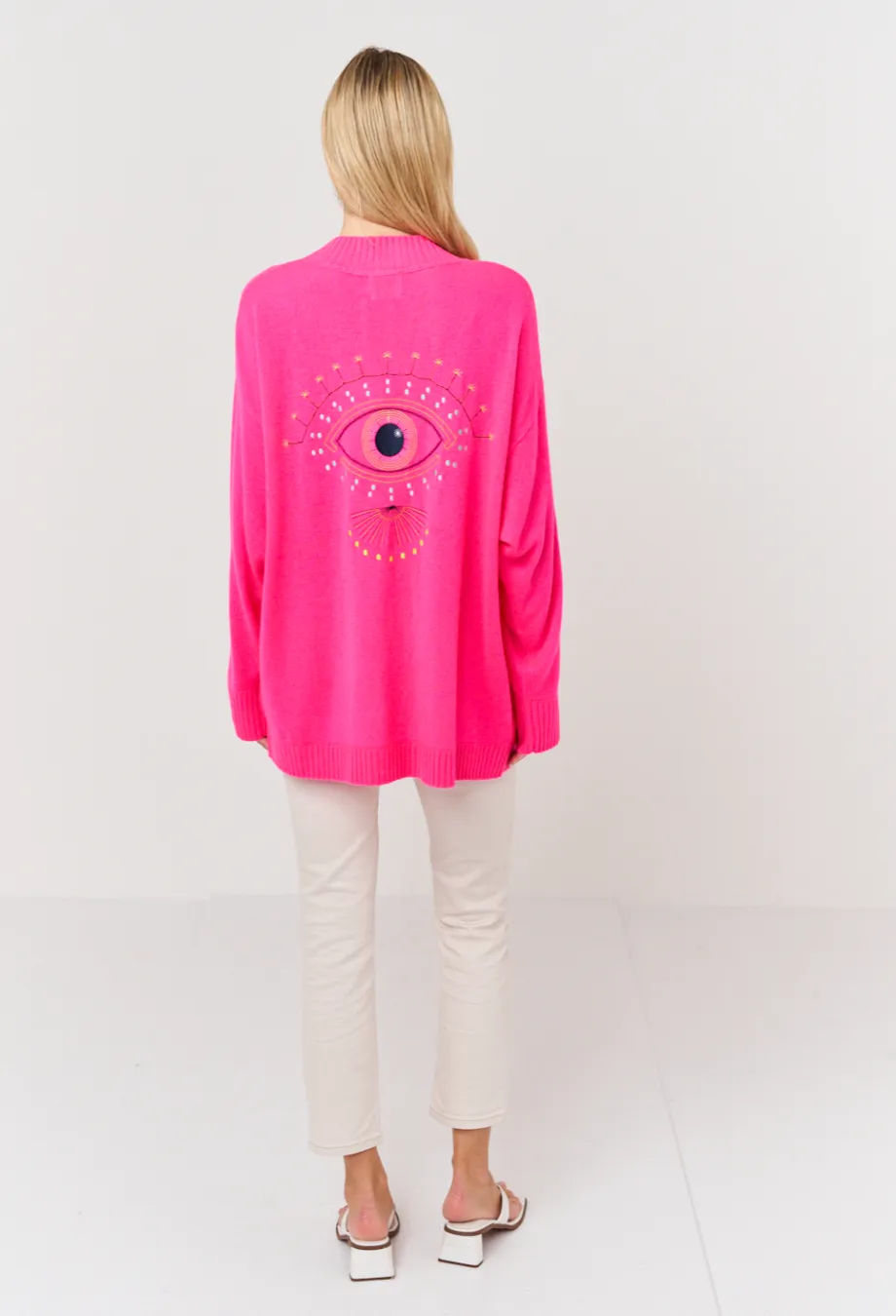 Embroidered Eye Cardi - Neon Pink