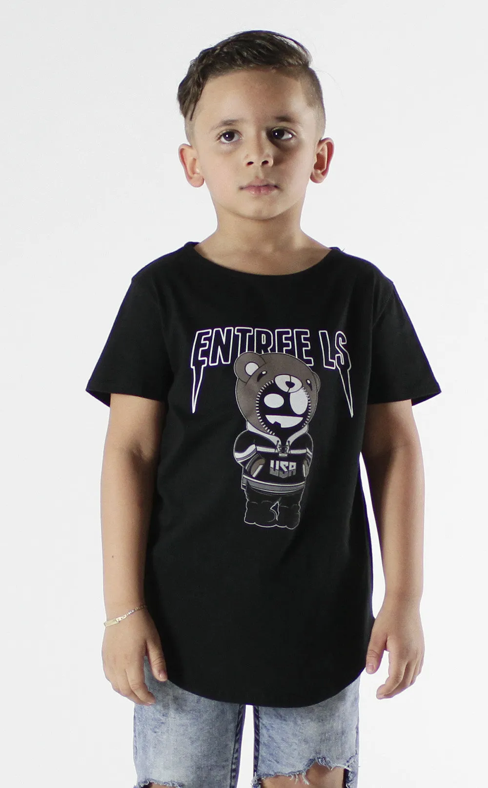 Entree Kids Bear Tour Black Curved Hem Tee