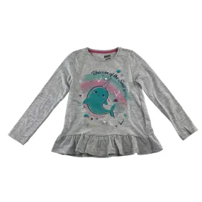 F&F t-shirt 6-7 years light grey long sleeve peplum hem narwhal