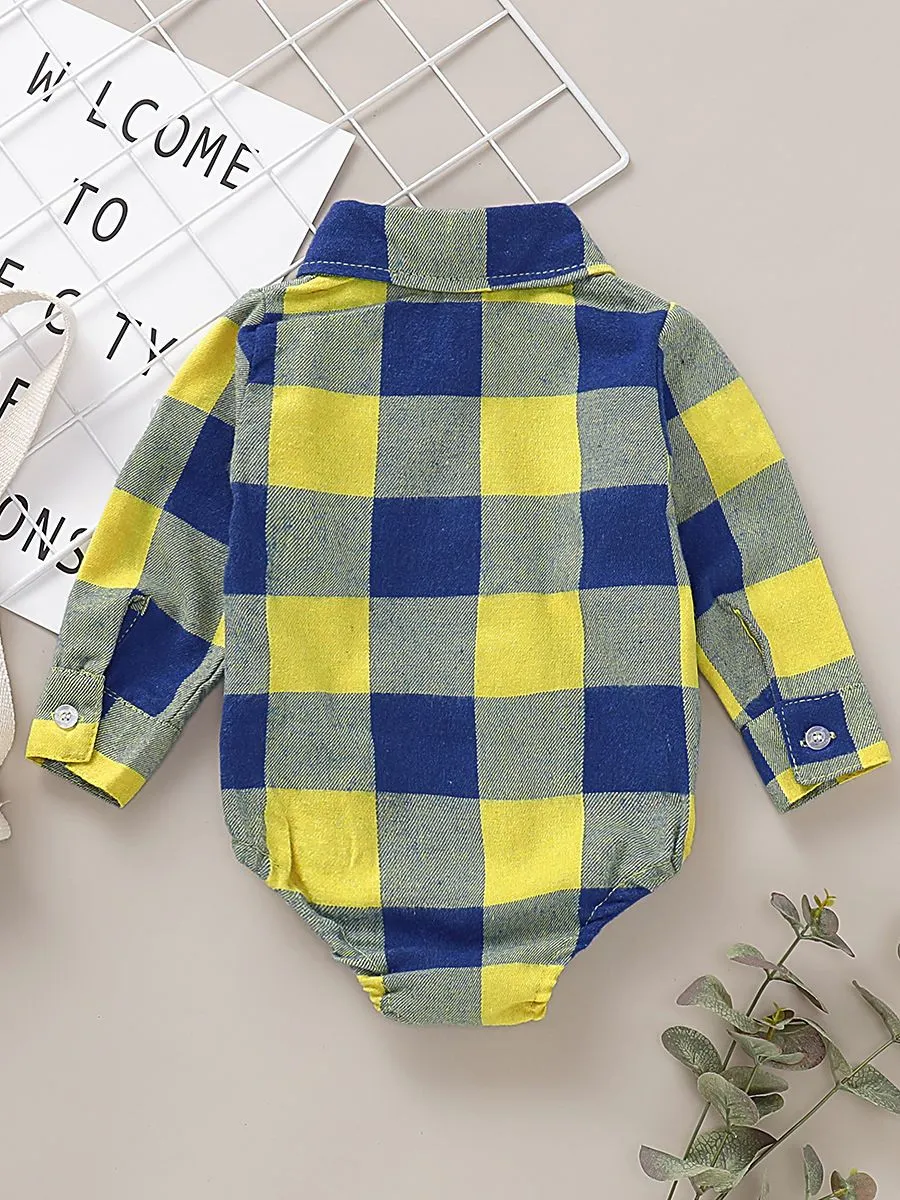 Fashion Baby Boy Turn-down Collar Checked Onesie