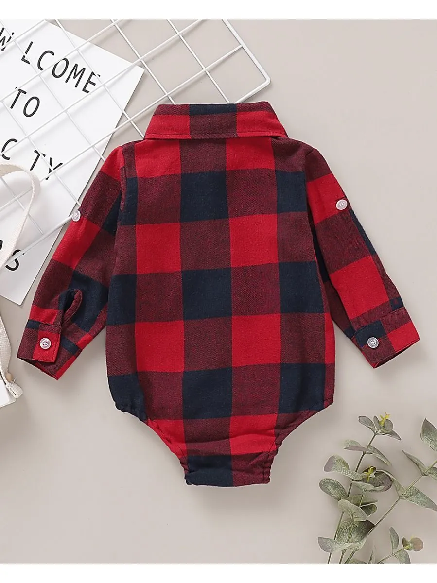 Fashion Baby Boy Turn-down Collar Checked Onesie