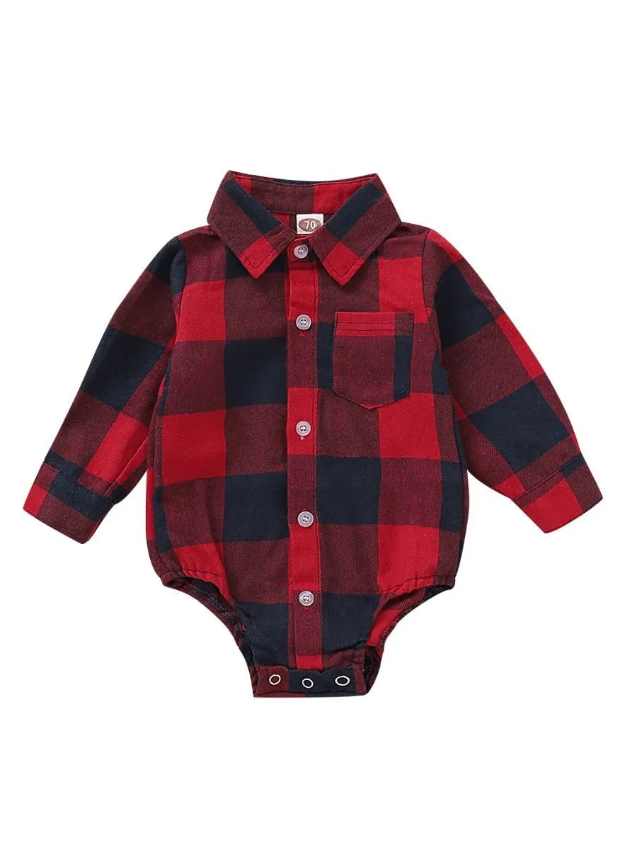 Fashion Baby Boy Turn-down Collar Checked Onesie