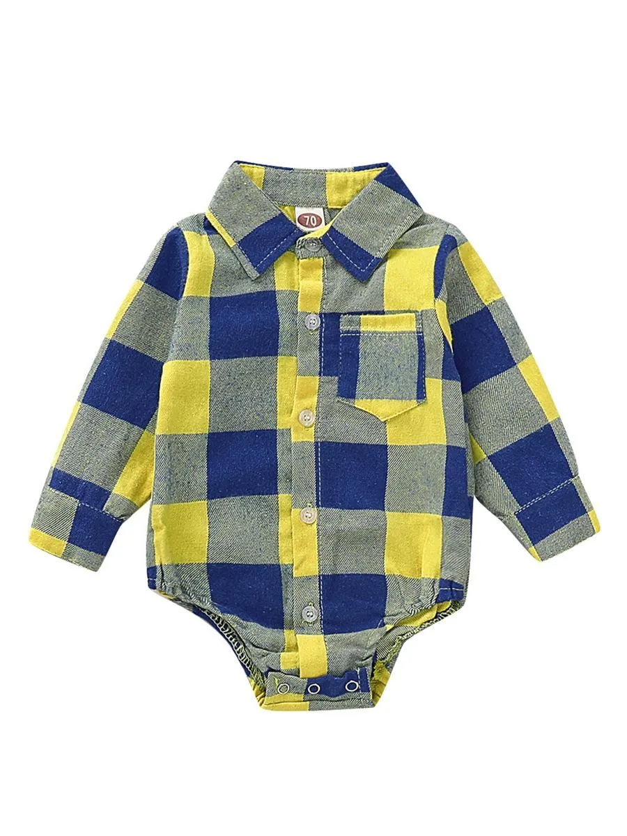 Fashion Baby Boy Turn-down Collar Checked Onesie