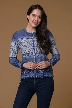 Floral Border Brushed Cardigan- Blue