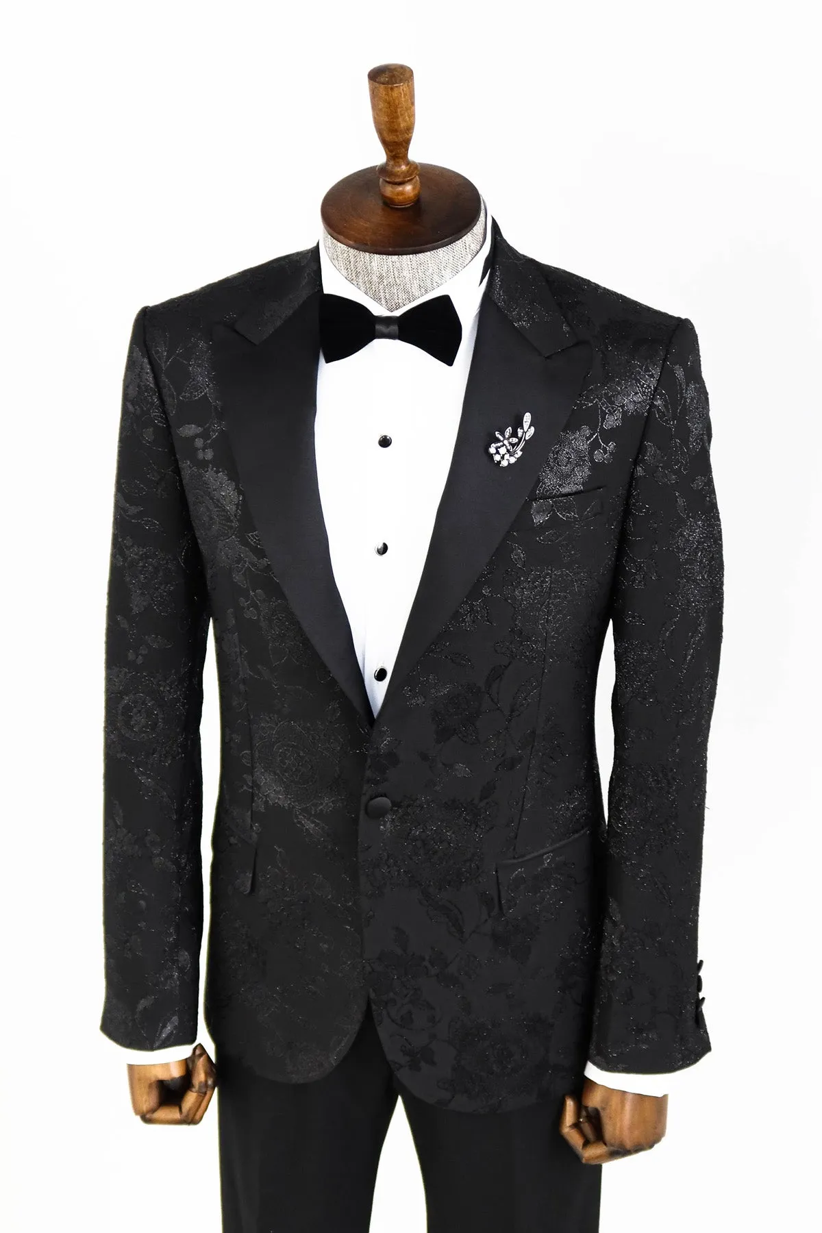 Floral Patterned Shiny Peak Lapel Black Men Dinner Jacket  - Wessi