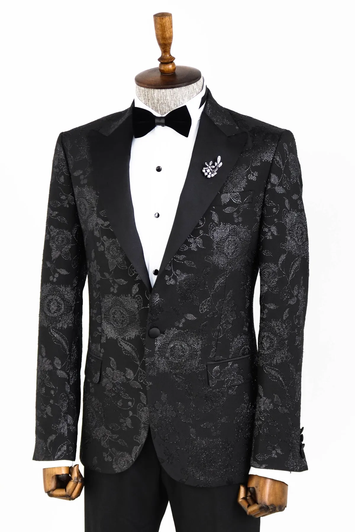 Floral Patterned Shiny Peak Lapel Black Men Dinner Jacket  - Wessi