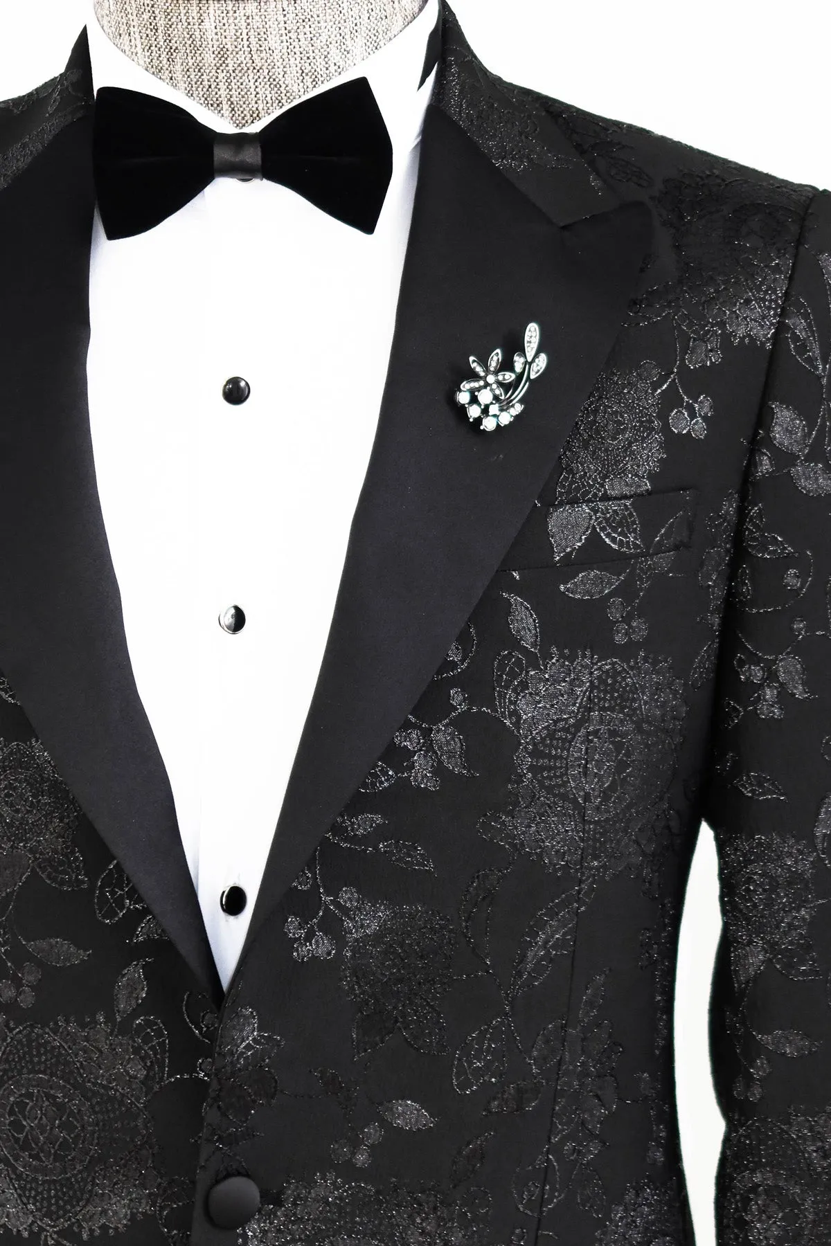 Floral Patterned Shiny Peak Lapel Black Men Dinner Jacket  - Wessi