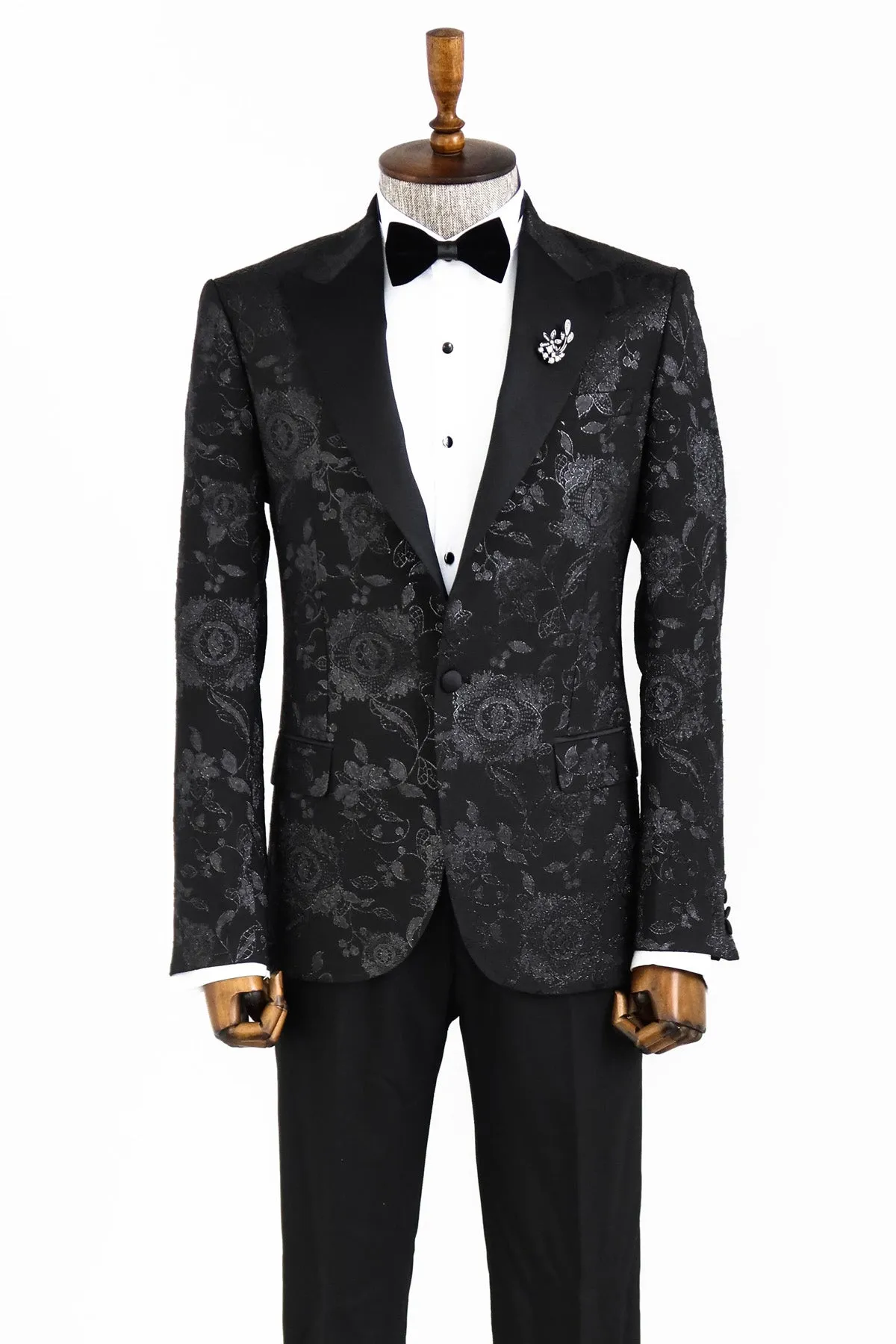 Floral Patterned Shiny Peak Lapel Black Men Dinner Jacket  - Wessi