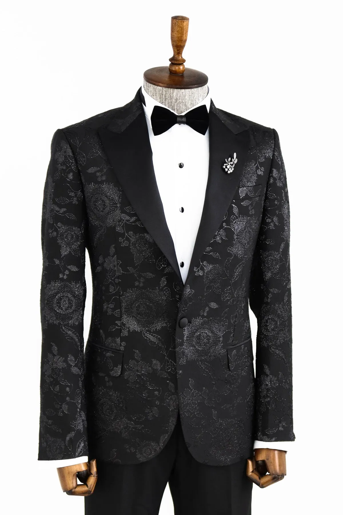 Floral Patterned Shiny Peak Lapel Black Men Dinner Jacket  - Wessi