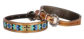 Genuine leather dog collar with Blue, teal and cross beaded inlay