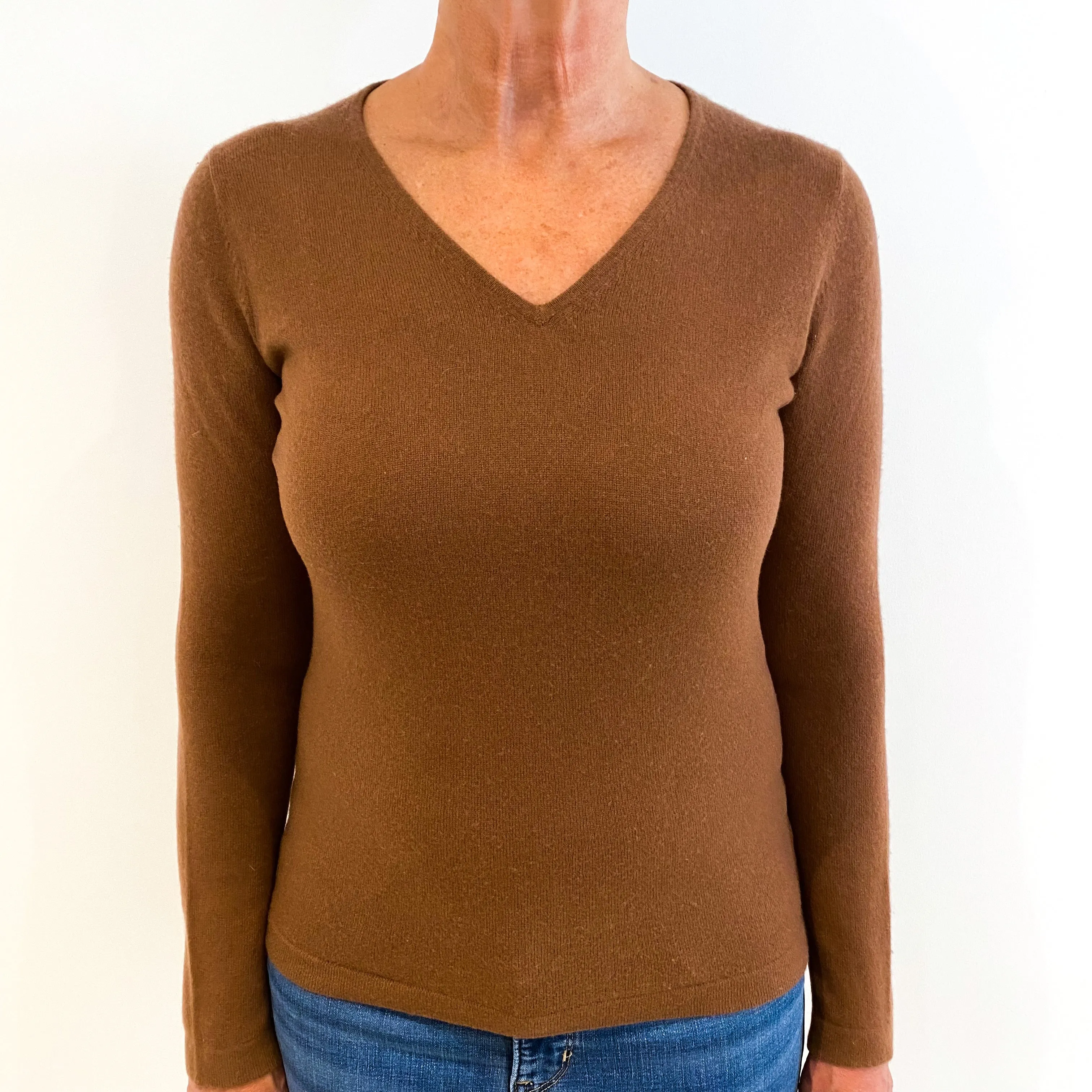 Ginger Brown Cashmere V-Neck Jumper Medium