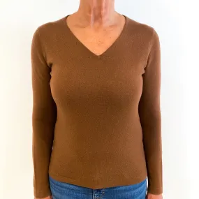 Ginger Brown Cashmere V-Neck Jumper Medium