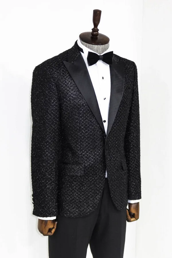 Gingham Patterned Glitter Black Men Prom Blazer and Trousers Combination - Wessi