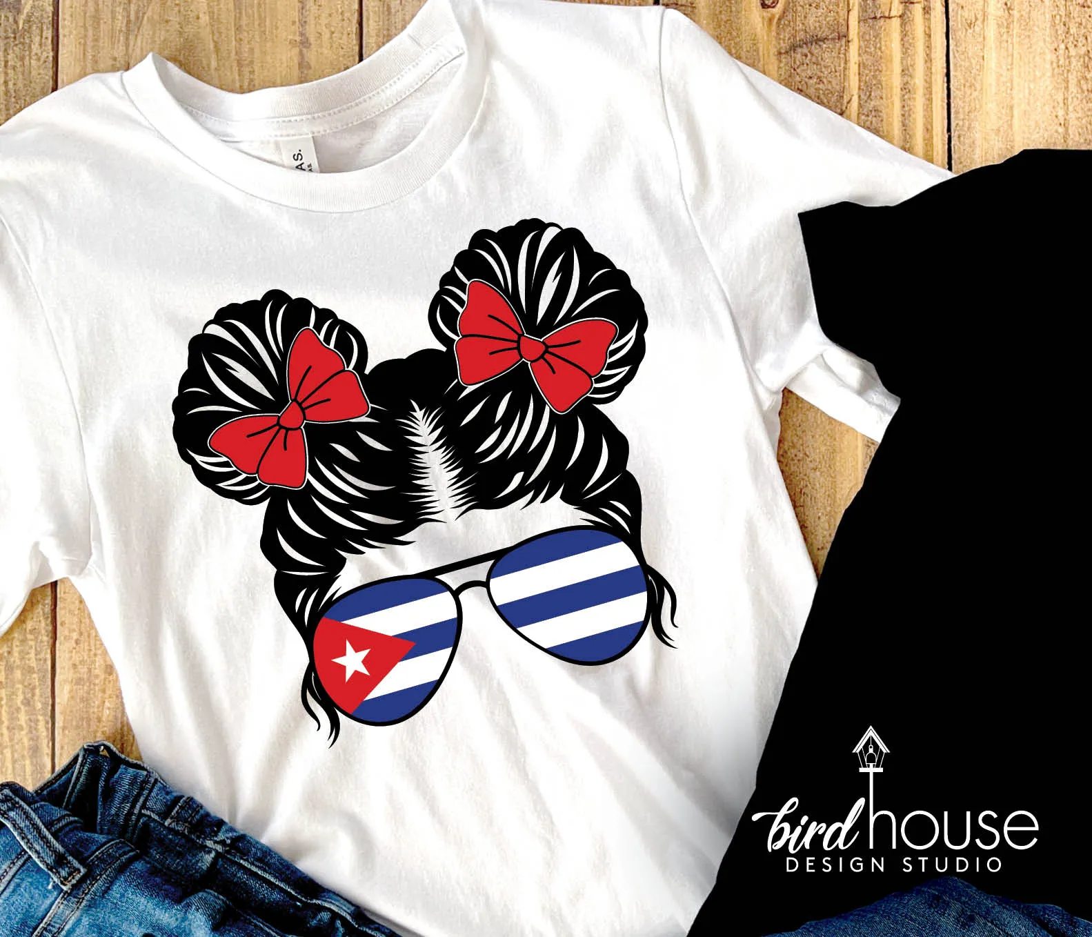 Girl Pig Tails Messy Bun Shirt, Any FLAG, Cuban