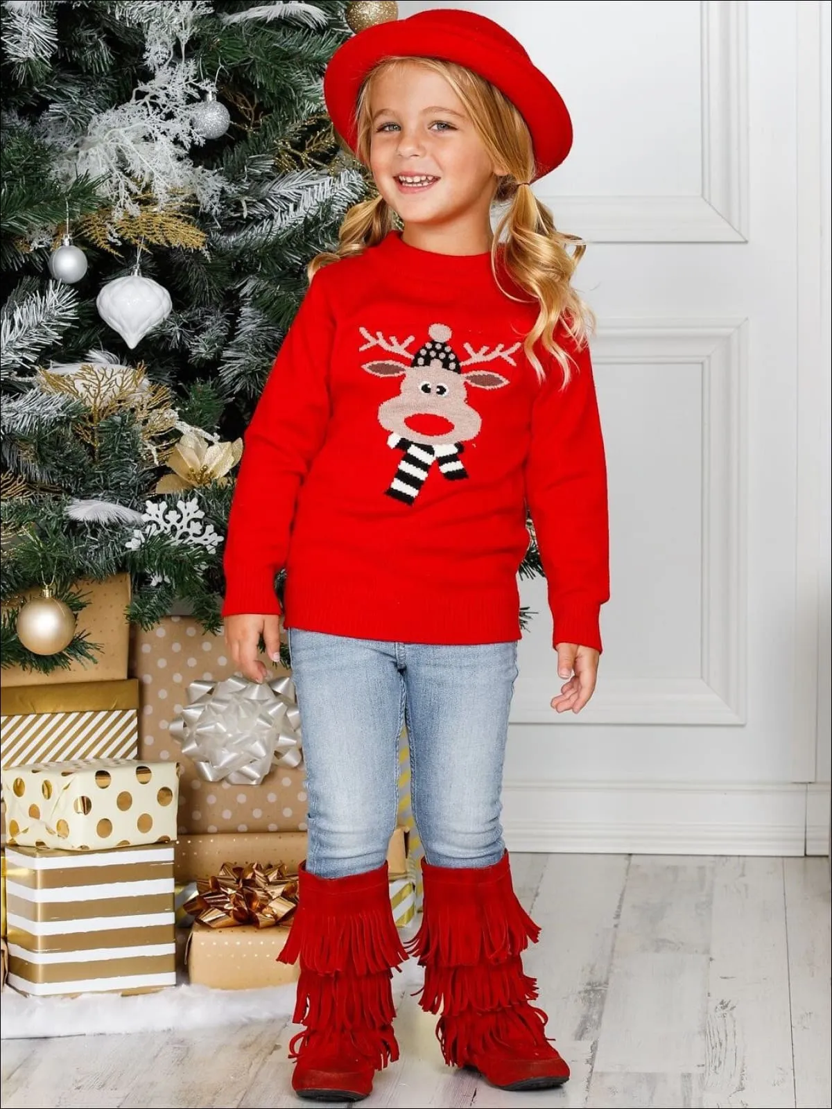 Girls Red Rudolph Print Cowl Neck Christmas Sweater