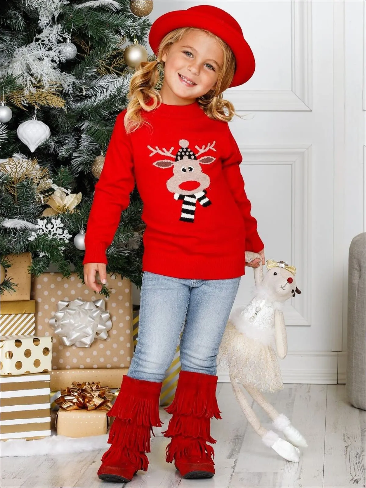 Girls Red Rudolph Print Cowl Neck Christmas Sweater