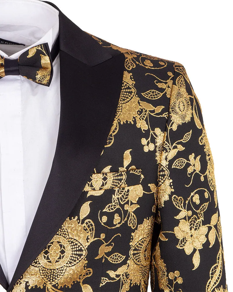 Gold & Black Floral Design Blazer with Contrasting Lapel & Matching Bow Tie