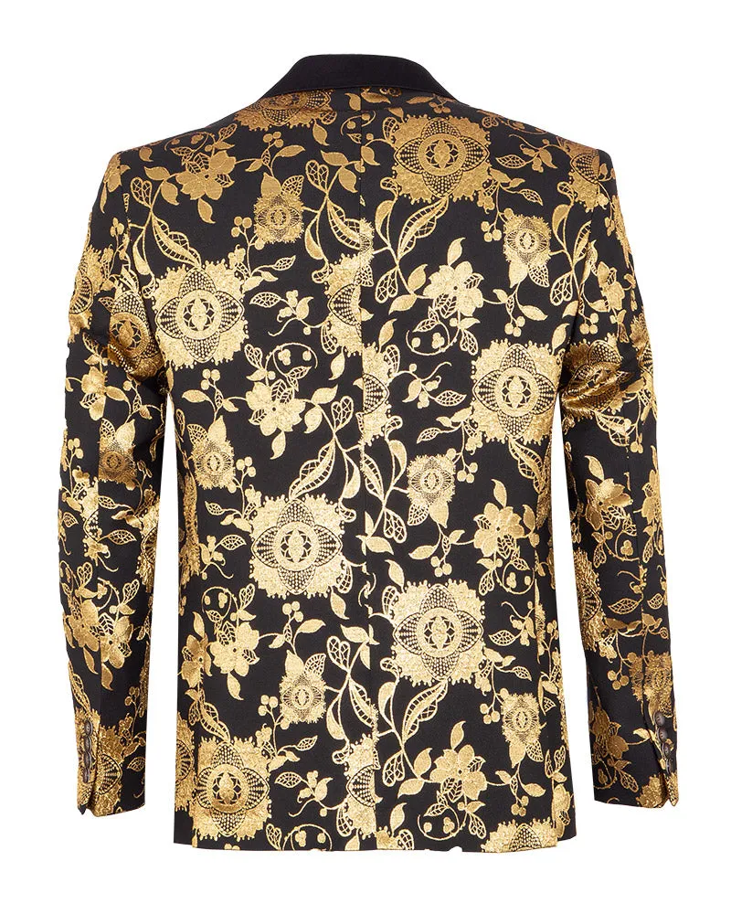 Gold & Black Floral Design Blazer with Contrasting Lapel & Matching Bow Tie