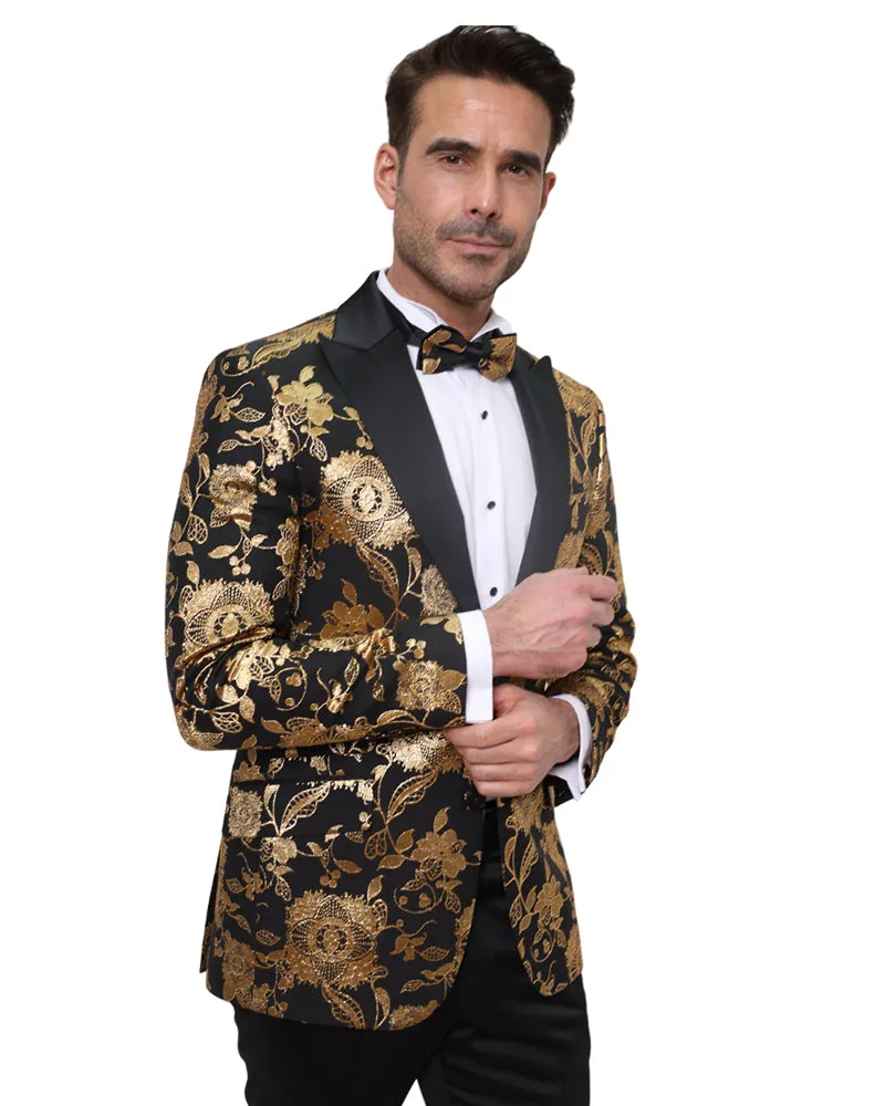 Gold & Black Floral Design Blazer with Contrasting Lapel & Matching Bow Tie