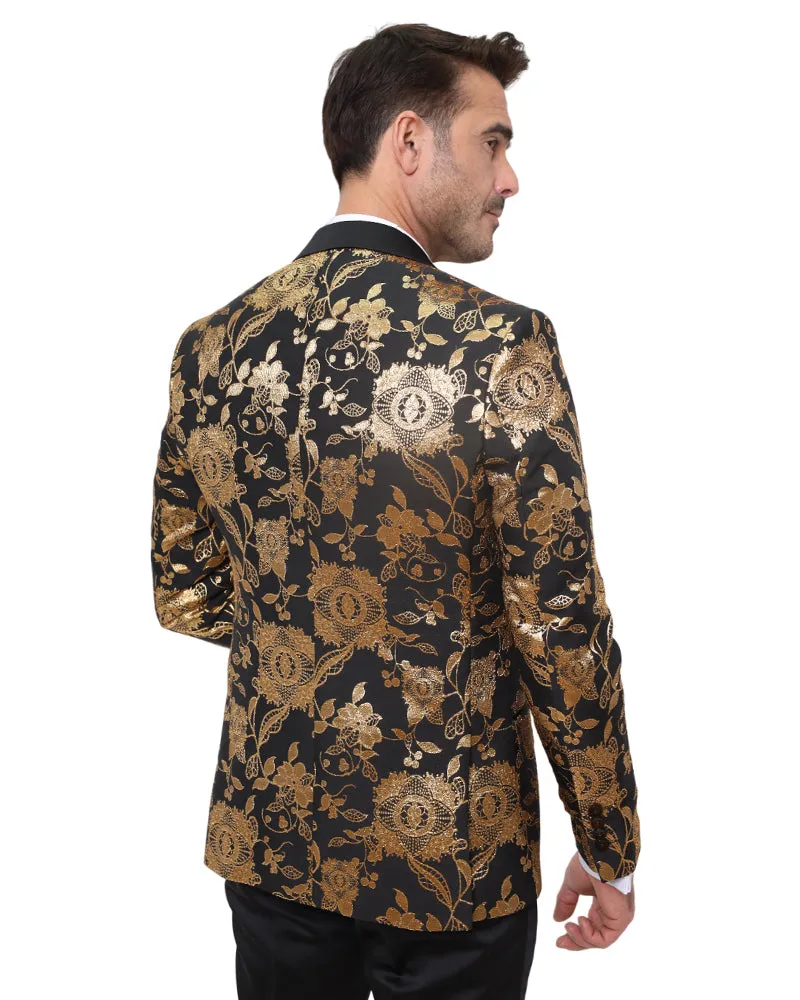 Gold & Black Floral Design Blazer with Contrasting Lapel & Matching Bow Tie