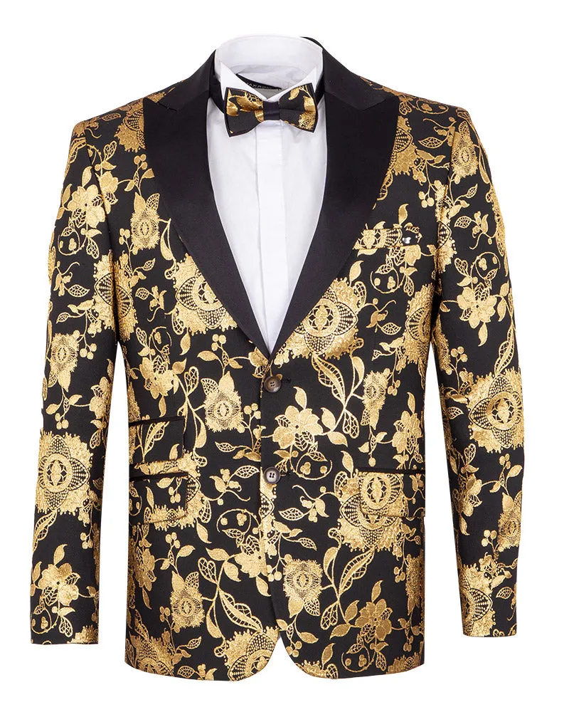 Gold & Black Floral Design Blazer with Contrasting Lapel & Matching Bow Tie