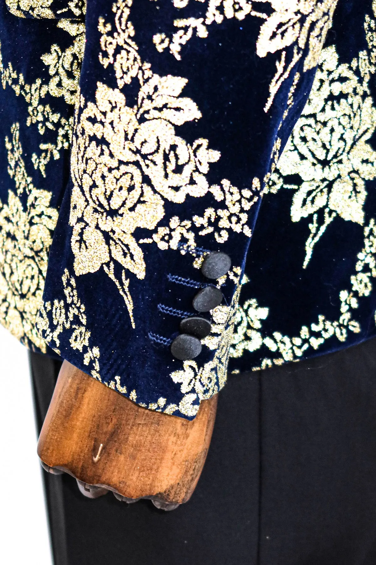 Gold Floral Patterned Navy Blue Men  Party Blazer - Wessi