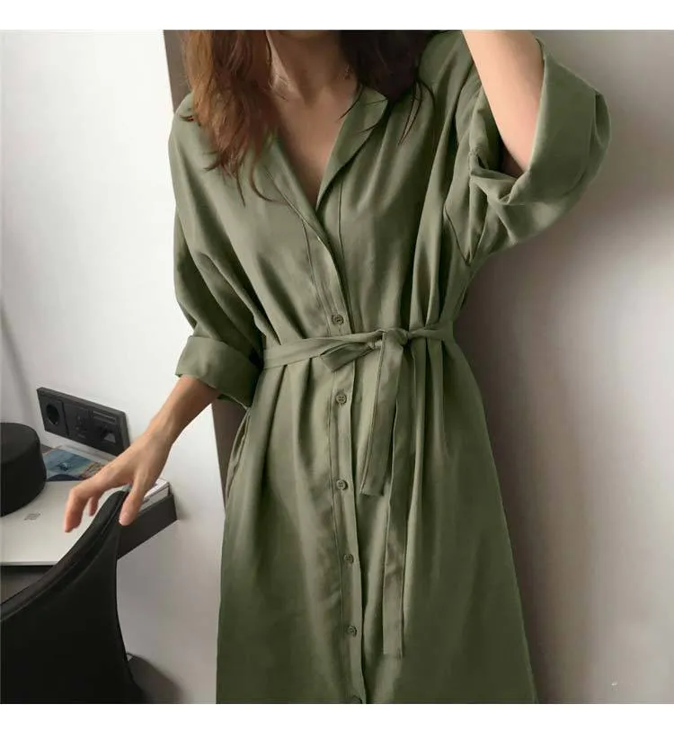 Green Solid Long Sleeved Shirt Cardigan Dress