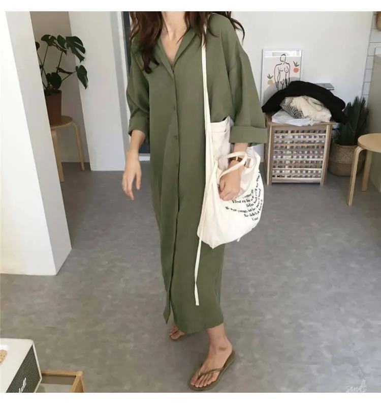 Green Solid Long Sleeved Shirt Cardigan Dress