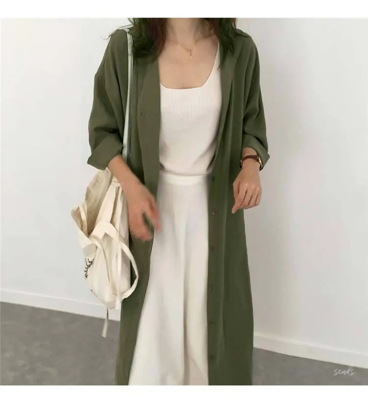 Green Solid Long Sleeved Shirt Cardigan Dress